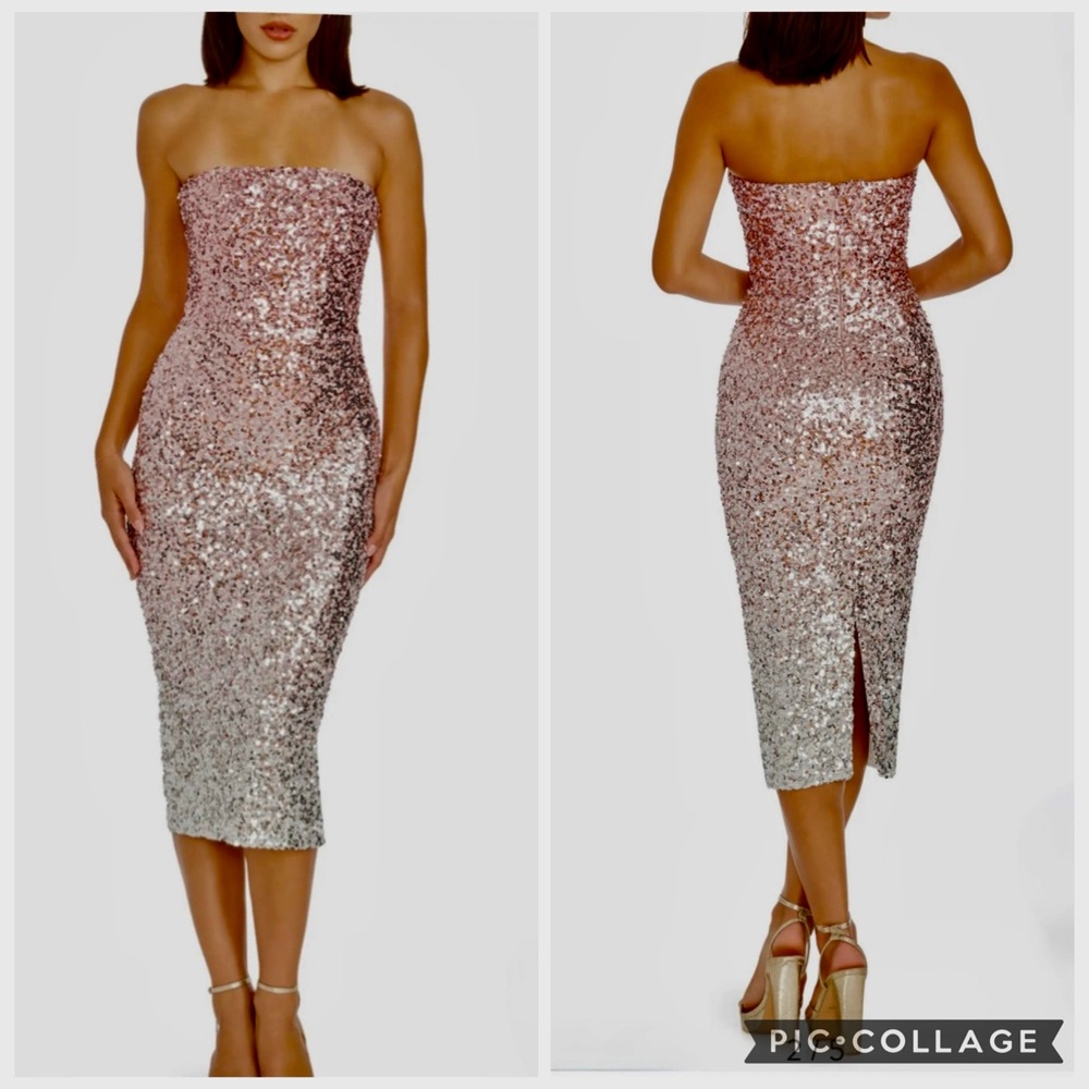NWT Dress the Population Viviana PINK ombre sequined midi dress PROM size xs
